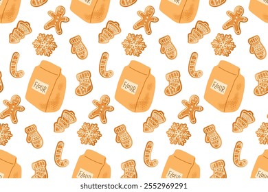 Seamless pattern with flour bag and gingerbread cookies. Flour for home and industrial baking. Pastries, holiday cookies Flat Vector Repeated illustration, background for wallpaper, textile, wraping. 