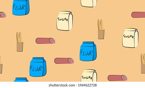 Seamless pattern flour sugar baguette sausage fast food delicious sweet fresh beautiful on a yellow background. The texture is endless