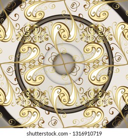Seamless pattern. Flourish labels. Pictures in beige and gray colors. Vector calligraphy swirls, swashes, ornate motifs and scrolls. Background for Fabric, Textile, Print and Invitation.