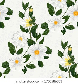 Seamless pattern with flower arrangement. Bouquet of white dahlias.