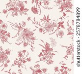 Seamless pattern with flower arrangements. Bouquets with flowers and berries. Vintage background. Red