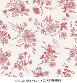 Seamless pattern with flower arrangements. Bouquets with flowers and berries. Vintage background. Red