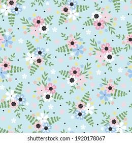 Seamless pattern with flower arrangements branches and leaves on mint background. Vector plant background for fashion, wallpapers, print.
