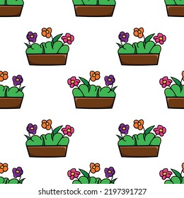 Seamless pattern with flower bed with three flowers doodle outline vector