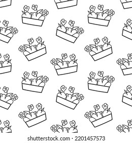 Seamless pattern with flower bed with three flowers hand drawn doodle outline vector