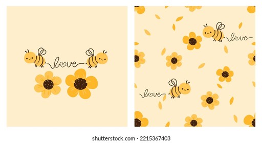 Patrón sin foco con dibujos animados de flores y abejas sobre fondo amarillo. Señal de las caricaturas de abejas con ilustración vectorial de fuente escrita a mano.