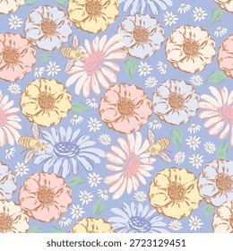 Modelo inconsútil de la flor y de la abeja para la decoración y la materia textil aislados en fondo transparente. Puede editar la forma y el fondo