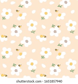 Seamless Pattern of Flower and Bee Design on Beige Color Background