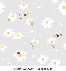 Seamless Pattern of Flower, Bee and Ladybug Design on Light Grey Background