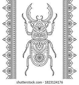 Seamless pattern of flower beetle and border for Henna drawing and tattoo. Decorative doodle ornament in ethnic oriental, Indian style. Outline hand draw vector illustration.