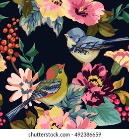 Seamless pattern of flower, berries and birds.