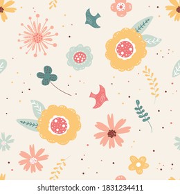 Seamless pattern of flower and birds