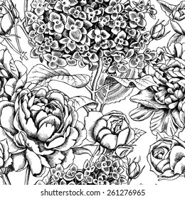 Seamless Pattern Flower Black & White Line