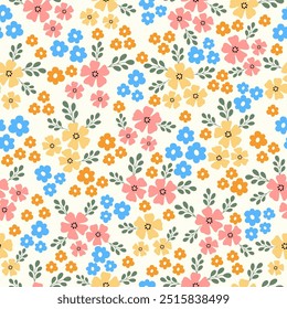 Seamless pattern with flower blossom garden. Cute hand drawn floral pattern for your fabric, summer background, wallpaper, backdrop, textile. Vector illustration