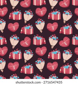 Patrón Sin Costuras Con Ramo De Flores, Caja De Regalo Y Corazones En Estilo Plano. Textura Clásica Del Presente Del Día De San Valentín Para La Tela, El Fondo, El Embalaje, El Fondo de pantalla Y El Diseño Superficial. Concepto de regalo perfecto.