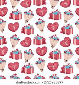 Patrón Sin Costuras Con Ramo De Flores, Caja De Regalo Y Corazones En Estilo Plano. Textura Clásica Del Presente Del Día De San Valentín Para La Tela, El Fondo, El Embalaje, El Fondo de pantalla Y El Diseño Superficial. Concepto de regalo perfecto