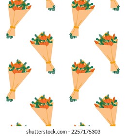 Seamless pattern with flower bouquet wrapped in craft paper. Colorful hand drawn background vector illustration.