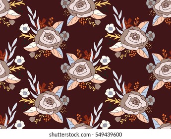 Seamless pattern of flower bouquets. Retro rose arrangements in shades of brown and pink on dark red background. All over floral design for fabric prints, decorative wallpaper and gift wrap