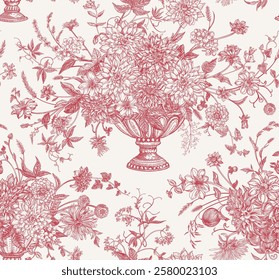 Seamless pattern with flower bouquets in vases. Dahlias, asters, zinnias, chrysanthemums, ivy, apples, berries and spikelets. Floral surface design. Detailed botany. Red