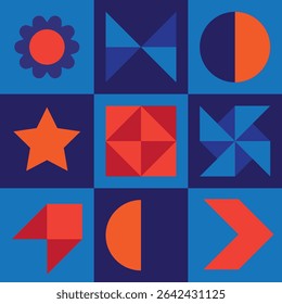 Seamless pattern. Flower, bow, half circle star, origami, windmill fan, fish and arrow random object design illustration set in red and blue colors. For birthday gifts and stickers vector. EPS 10.