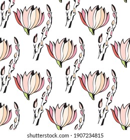 seamless pattern flower and branch magnolia white vector 