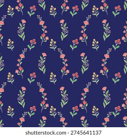 Seamless pattern with flower branches and berries on dark navy background