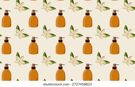 Patrón sin fisuras con una flor y un frasco marrón para crema, aceite, champú y cosméticos para el cuidado de la piel sobre un fondo claro.