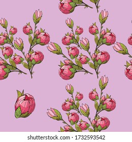 seamless pattern, flower brush made of pink flowers and buds, frame for postcards and business cards, isolated on a pink background
