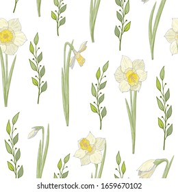 Seamless pattern with flower buds of daffodils. Continuous pattern with floral romantic elements. Endless texture for the spring season. For various design, print, easter.