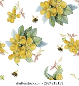 Seamless pattern of flower and bumblebee, hand-drawn on paper with watercolor vintage-style.
