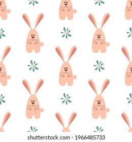 Seamless pattern with flower and bunny in abstract style. Vector illustration.