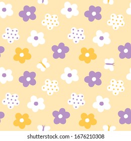 Seamless Pattern of Flower and Butterfly Design on Yellow Background