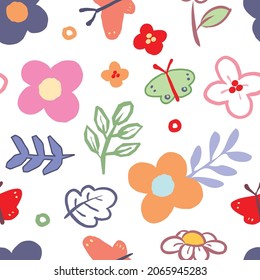 Seamless Pattern with Flower and Butterfly Design on White Background