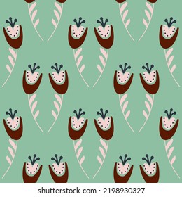 Seamless pattern flower campanula bluebell green mint background, vector illustration for design
