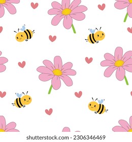 Seamless pattern with a flower and a cartoon bee on a white background vector illustration.