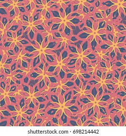 Seamless pattern. Flower chaos. Five-sided figures in the oriental style. Female camouflage. Yellow, red, blue, purple.