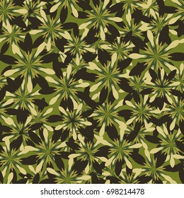 Seamless pattern. Flower chaos. Five-sided figures in the oriental style. Female camouflage. Green tones, brown, beige-green.