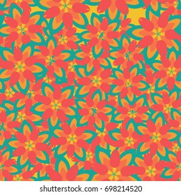 Seamless pattern. Flower chaos. Five-sided figures in the oriental style. Female camouflage. Blue-green, orange-red.