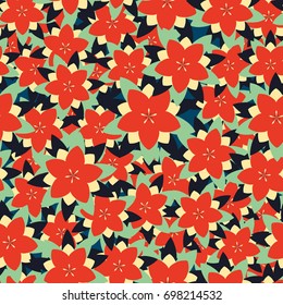 Seamless pattern. Flower chaos. Five-sided figures in the oriental style. Female camouflage. Red, black, green, blue, yellow.