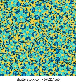 Seamless pattern. Flower chaos. Five-sided figures in the oriental style. Female camouflage. Blue tones and yellow.
