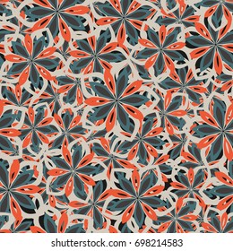 Seamless pattern. Flower chaos. Five-sided figures in the oriental style. Female camouflage. Gray tones, orange, blue.