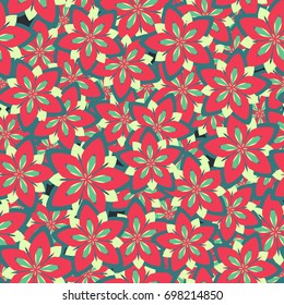 Seamless pattern. Flower chaos. Five-sided figures in the oriental style. Female camouflage. Red, green, blue, black.