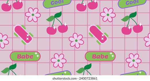 Seamless pattern with flower, cherry, skate, babe, cool 2000s in y2k style. Illustration for textile, paper, fabric, background, print design. Vector