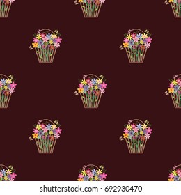 Seamless pattern. Flower colors of many beautiful in the basket brown. Three butterflies are flying in flower. The pattern of the basket like pigtail girl.