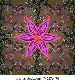 Seamless pattern with flower. Colour Spring Theme seamless pattern Background. Flat Flower Elements Design. Flowers on beige, pink and brown colors.