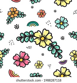 Seamless pattern flower and cute rainbow isolated on white background. Vector illustration.