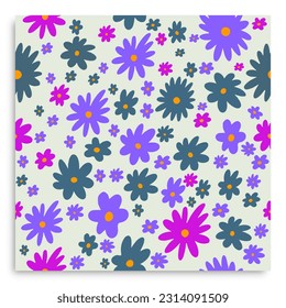 Seamless pattern with flower design on loght blue background. Suitable for print, paper, post card. Blue background. Vector flowers. Purple, pink and blue flowers