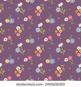 Seamless Pattern of Flower Design on Deep Purple Background 库存矢量图