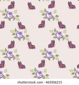 Seamless Pattern. Flower Design Pattern with roses and butterflies.