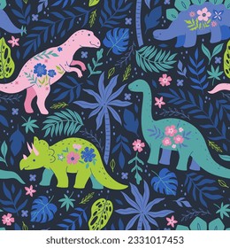 Seamless pattern with flower dinosaurs and leaves. Vector graphics.